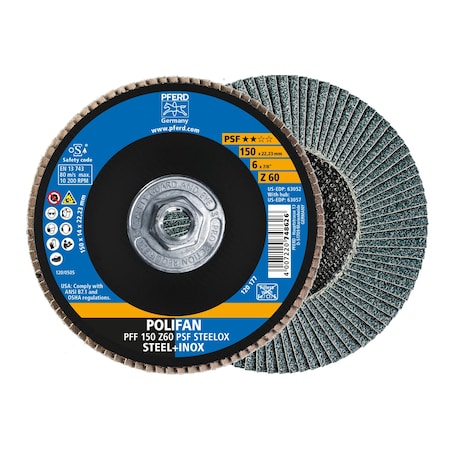 Pferd 6" x 5/8-11 Thd. POLIFAN Flap Disc - Z PSF STEELOX, Zirconia, 60 Grit, Flat 63057